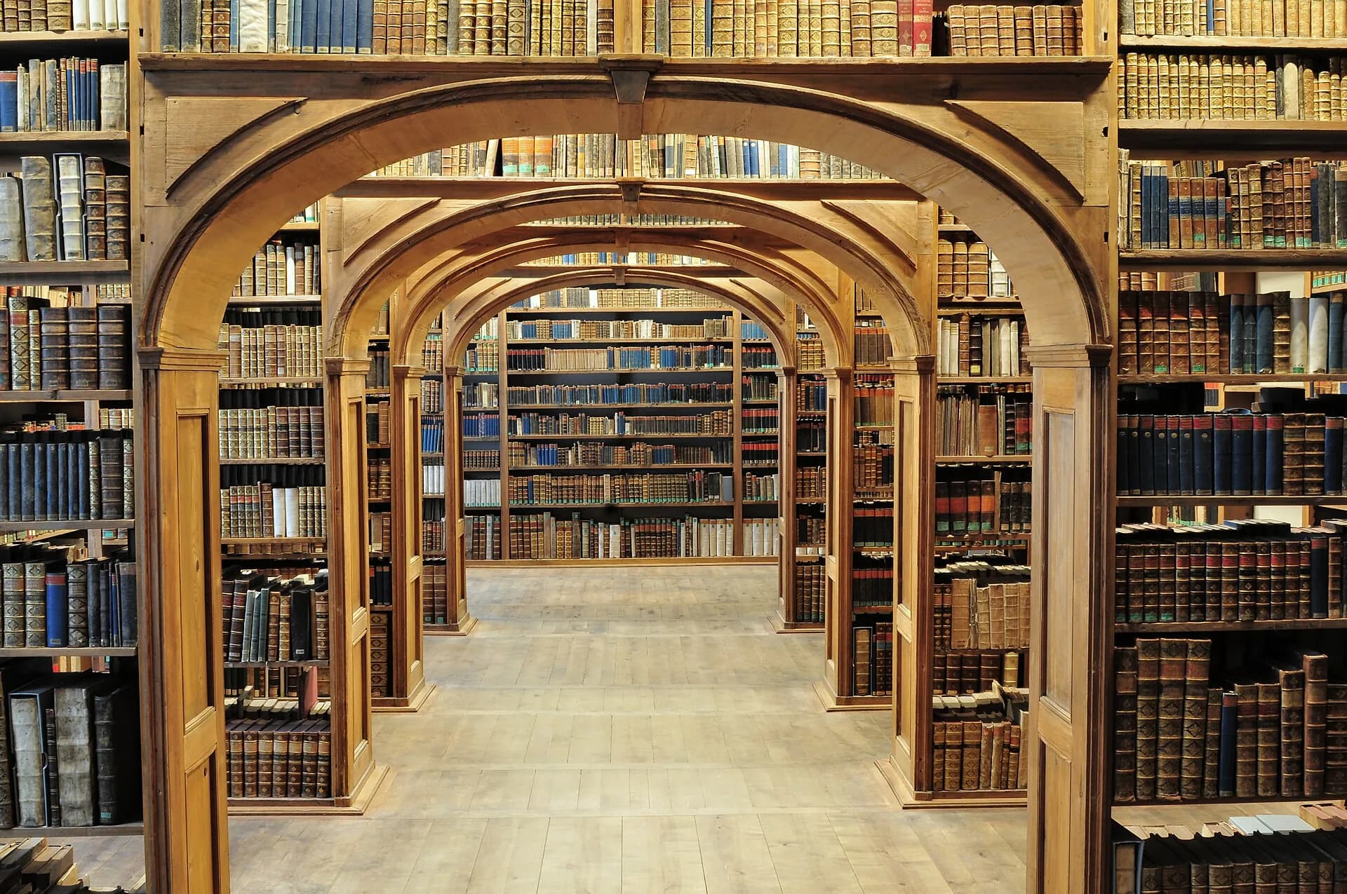 Library hall with arched wooden bookcases