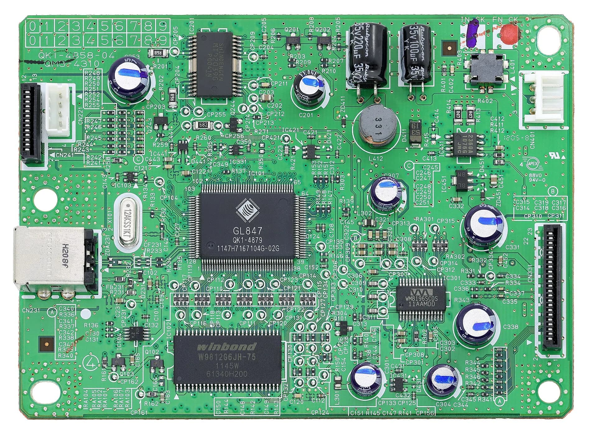 Green printed circuit board seen from above